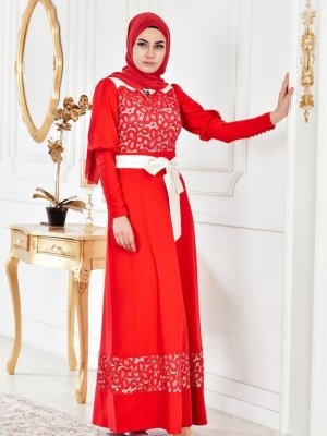 Sefamerve Kırmızı Dantelli Abiye Elbise