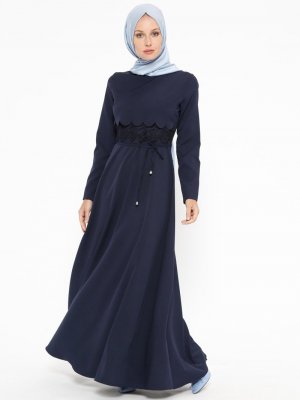 Jamila Lacivert Güpür Detaylı Elbise