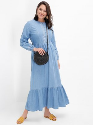 Alia Açık Mavi Nakış Detaylı Volanlı Kot Elbise