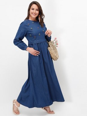 Alia Koyu Mavi Nakış Detaylı Kot Elbise