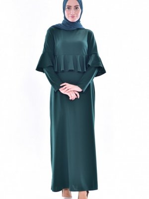 Sefamerve Yeşil Volanlı Uzun Elbise