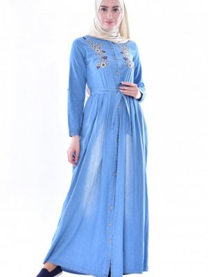 Sefamerve Kot Mavi Nakışlı Kot Elbise