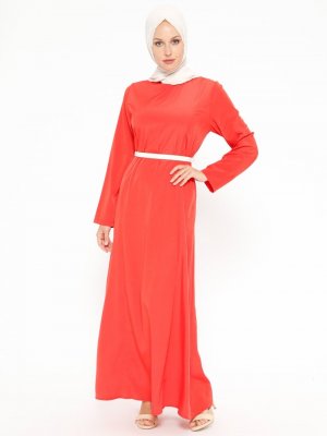 ModaNaz Açık Kırmızı Düz Renkli Elbise