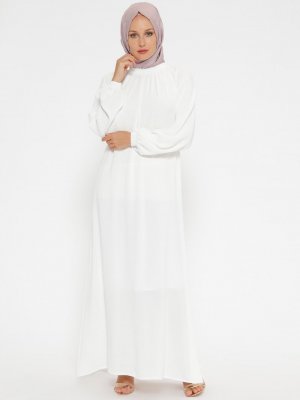 ModaNaz Beyaz Gipe Detaylı Elbise