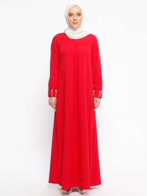 Beha Tesettür Kırmızı İnci Detaylı Elbise