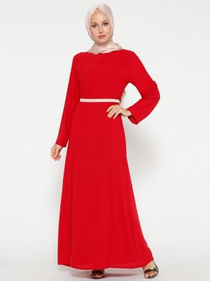 ModaNaz Kırmızı Düz Renkli Elbise