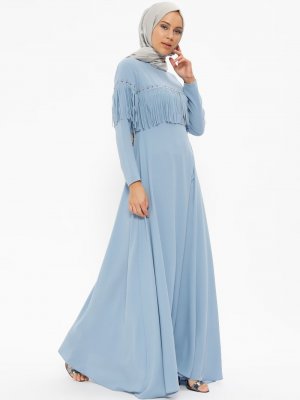 Loreen By Puane Mavi Püskül Detaylı Elbise