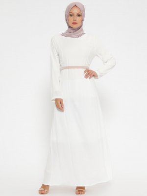 ModaNaz Beyaz Düz Renkli Elbise