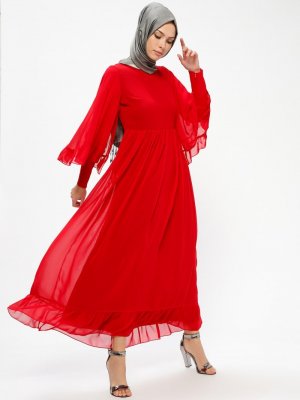 Loreen By Puane Kırmızı Şifon Detaylı Elbise