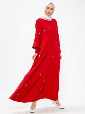 HYBERRE Kırmızı Oversize Taşlı Elbise
