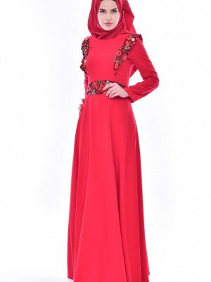 Sefamerve Kırmızı Dantelli Kuşaklı Elbise