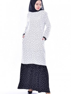 Sefamerve Beyaz Siyah Puantiyeli Krep Elbise