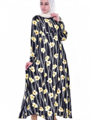 Sefamerve Siyah Sarı Çiçek Desenli Elbise