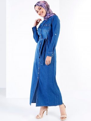 Refka Mavi Doğal Kumaşlı Kot Elbise