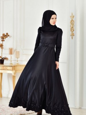 Sefamerve Siyah Güpürlü Abiye Elbise