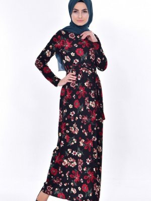 Sefamerve Siyah Kırmızı Çiçek Desenli Kuşaklı Elbise