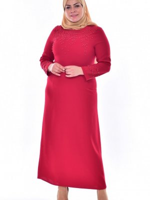 Sefamerve Kırmızı Büyük Beden İncili Elbise