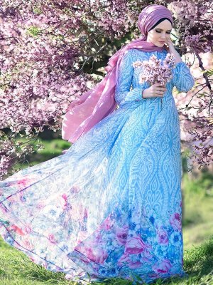 Muslima Wear Mavi Blue Blossom Abiye Elbise