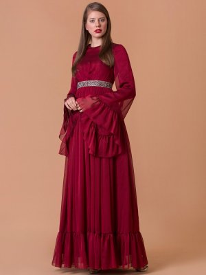 JAQAR Kırmızı Şifon Abiye Elbise