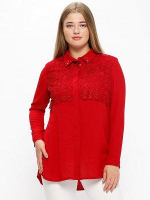 Nihan Kırmızı Güpür Detaylı Bluz