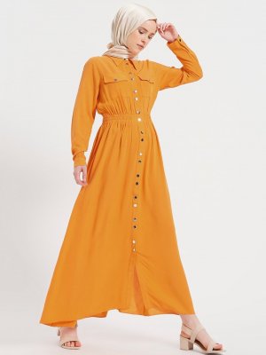 Benin Turuncu Doğal Kumaşlı Boydan Çıtçıtlı Elbise