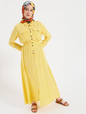 Benin Limon Sarısı Doğal Kumaşlı Boydan Çıtçıtlı Elbise
