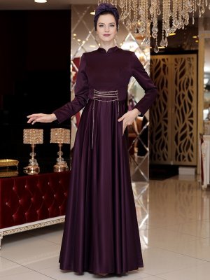 Selma Sarı Design Mor Beli Zincirli Abiye Elbise