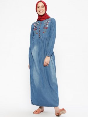 SUEM Koyu Mavi Nakışlı Kot Elbise