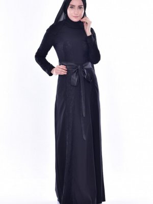 Sefamerve Siyah Dantelli Kuşaklı Elbise