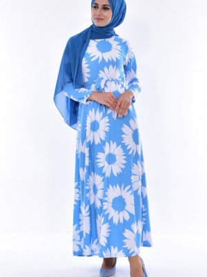 Sefamerve Mavi Çiçek Desenli Elbise