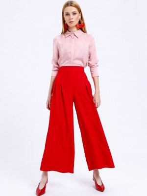 Fashion Light Kırmızı Pile Detaylı Bol Paça Pantolon