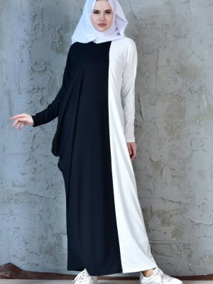 Sefamerve Siyah Beyaz Yarasa Kol Garnili Elbise