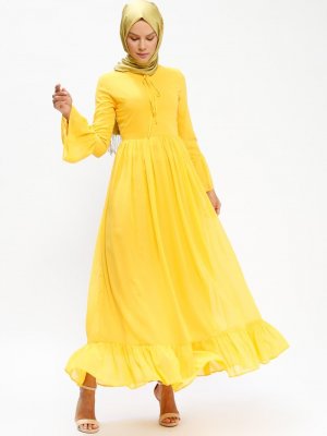 BÜRÜN Sarı Etek Ucu Fırfırlı Şifon Elbise