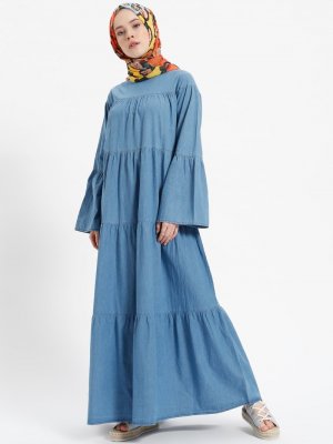 Benin Açık Mavi Doğal Kumaşlı Kot Elbise