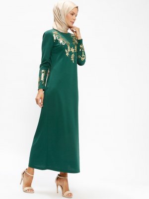 MEKSİLA Yeşil İnci Detaylı Elbise
