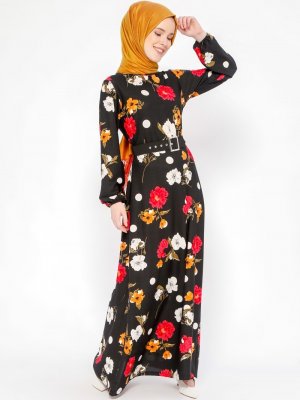 Dadali Siyah Çiçek Desenli Elbise