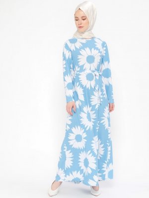 Dadali Mavi Çiçek Desenli Elbise