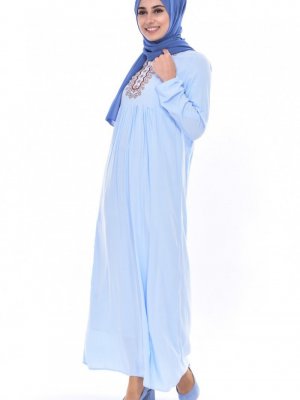 Sefamerve Bebe Mavisi Nakışlı Büzgülü Elbise