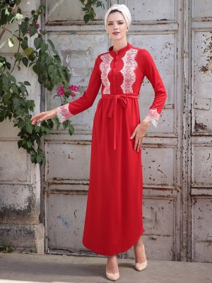 Selma Sarı Design Kırmızı Rahat Kesim Dantel Detaylı Elbise
