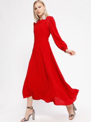 İkoll Kırmızı Dantelli Elbise