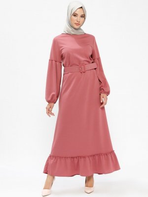 Selma Sarı Design Pudra Kemerli Mira Elbise