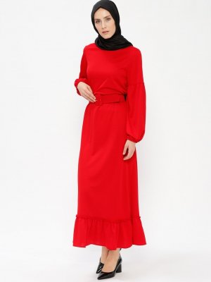 Selma Sarı Design Kırmızı Kemerli Mira Elbise