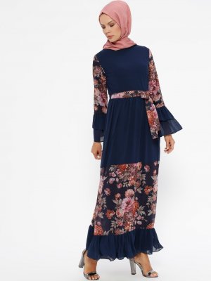 Sevilay Giyim Lacivert Çiçek Desenli Elbise