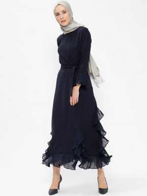 Tuncay Lacivert Fırfırlı Elbise