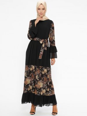 Sevilay Giyim Siyah Çiçek Desenli Elbise