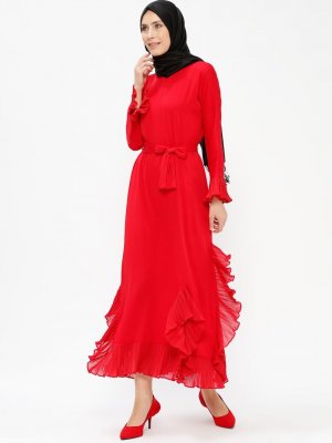 Tuncay Kırmızı Fırfırlı Elbise