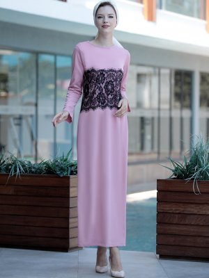 Selma Sarı Design Pudra Önü Tül Detaylı Elbise