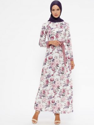 Sevilay Giyim Gül Kurusu Çiçek Desenli Elbise