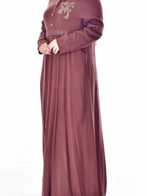Sefamerve Kahverengi Büyük Beden Taş Detaylı Elbise