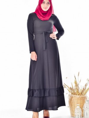 Sefamerve Siyah Kuşaklı Fırfırlı Elbise